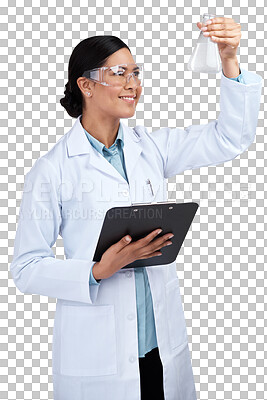 Buy stock photo Scientist, chemistry and woman with clipboard and beaker, science experiment isolated on transparent png background. Analysis of liquid solution, medical research and female doctor with checklist