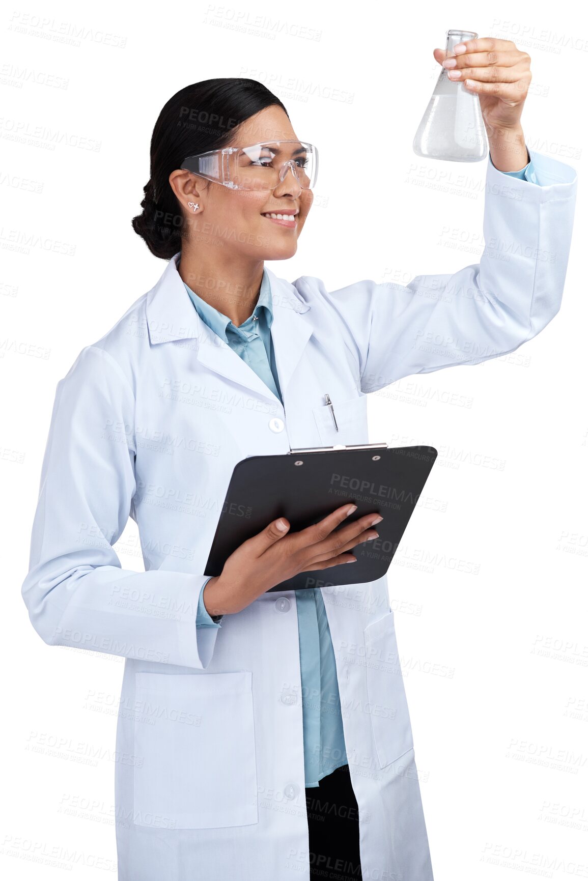 Buy stock photo Scientist, chemistry and woman with clipboard and beaker, science experiment isolated on transparent png background. Analysis of liquid solution, medical research and female doctor with checklist