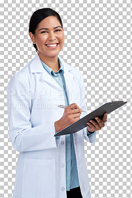 Buy stock photo Portrait, science and woman with a clipboard, research and employee isolated against a transparent background. Female person, scientist and researcher with a document, results and writing with png