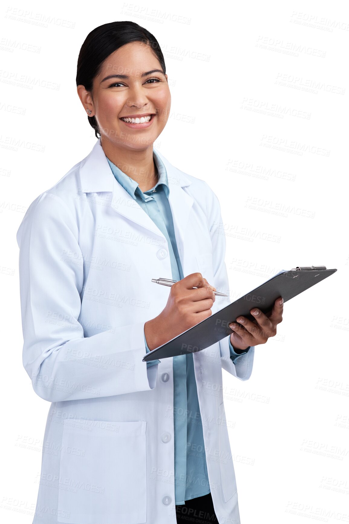 Buy stock photo Portrait, science and woman with a clipboard, research and employee isolated against a transparent background. Female person, scientist and researcher with a document, results and writing with png