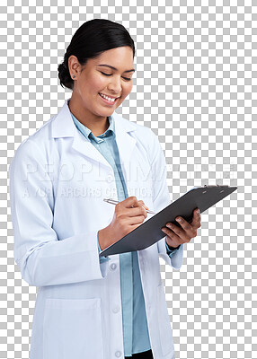 Buy stock photo Document, medical and woman with a clipboard, research and employee isolated against a transparent background. Female person, scientist and researcher with a document, planning and checklist with png