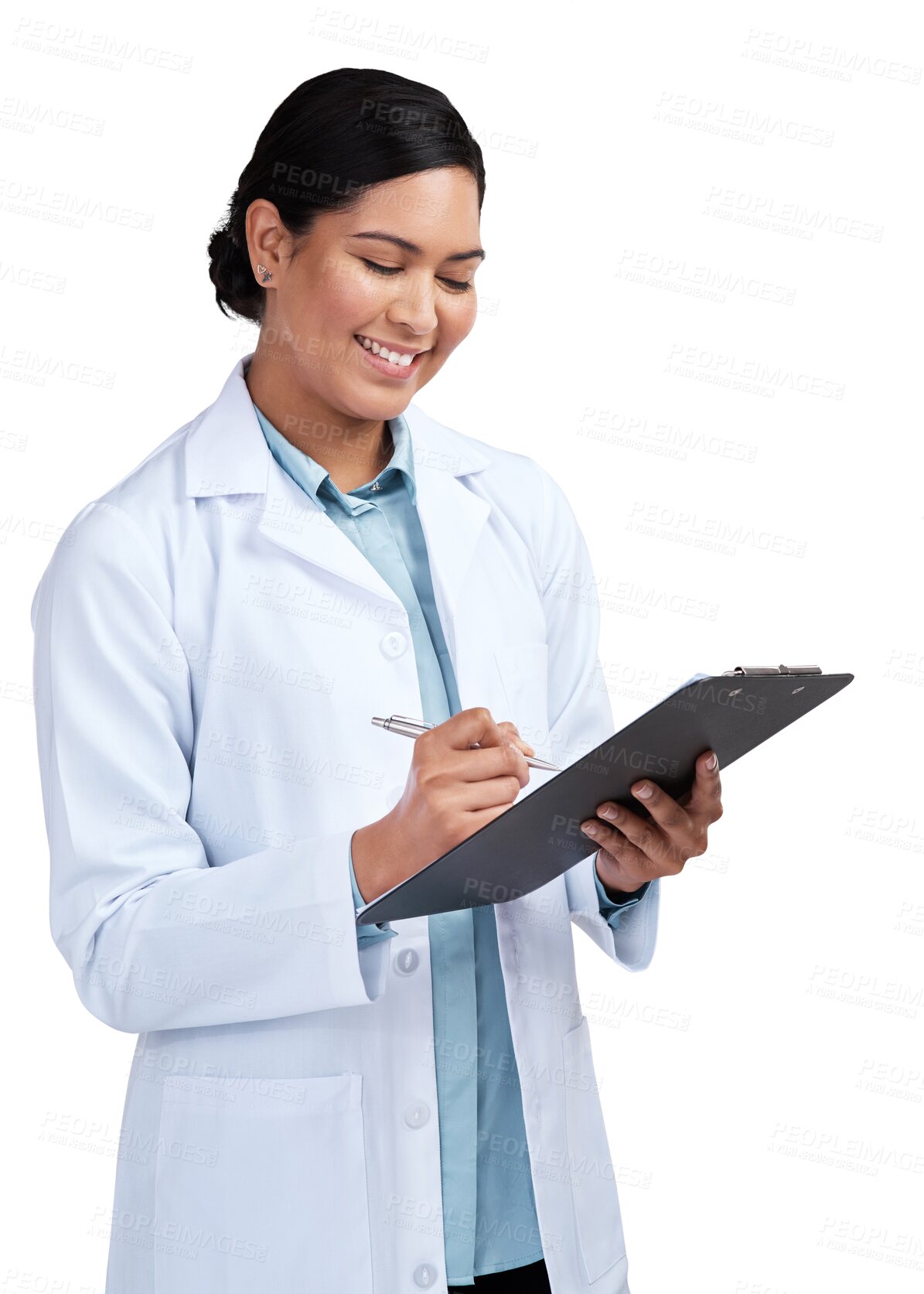 Buy stock photo Document, medical and woman with a clipboard, research and employee isolated against a transparent background. Female person, scientist and researcher with a document, planning and checklist with png