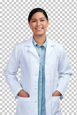 Buy stock photo Hands, woman and doctor with portrait, pocket and confident model isolated against a transparent background. Female person, employee and medical professional with png, proud and career with a smile