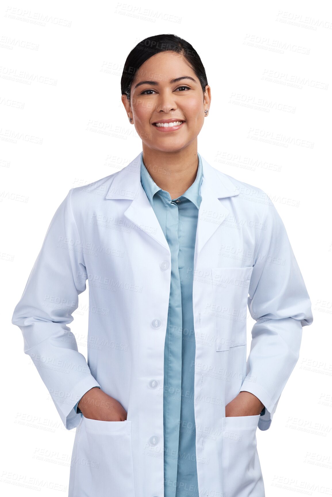 Buy stock photo Hands, woman and doctor with portrait, pocket and confident model isolated against a transparent background. Female person, employee and medical professional with png, proud and career with a smile