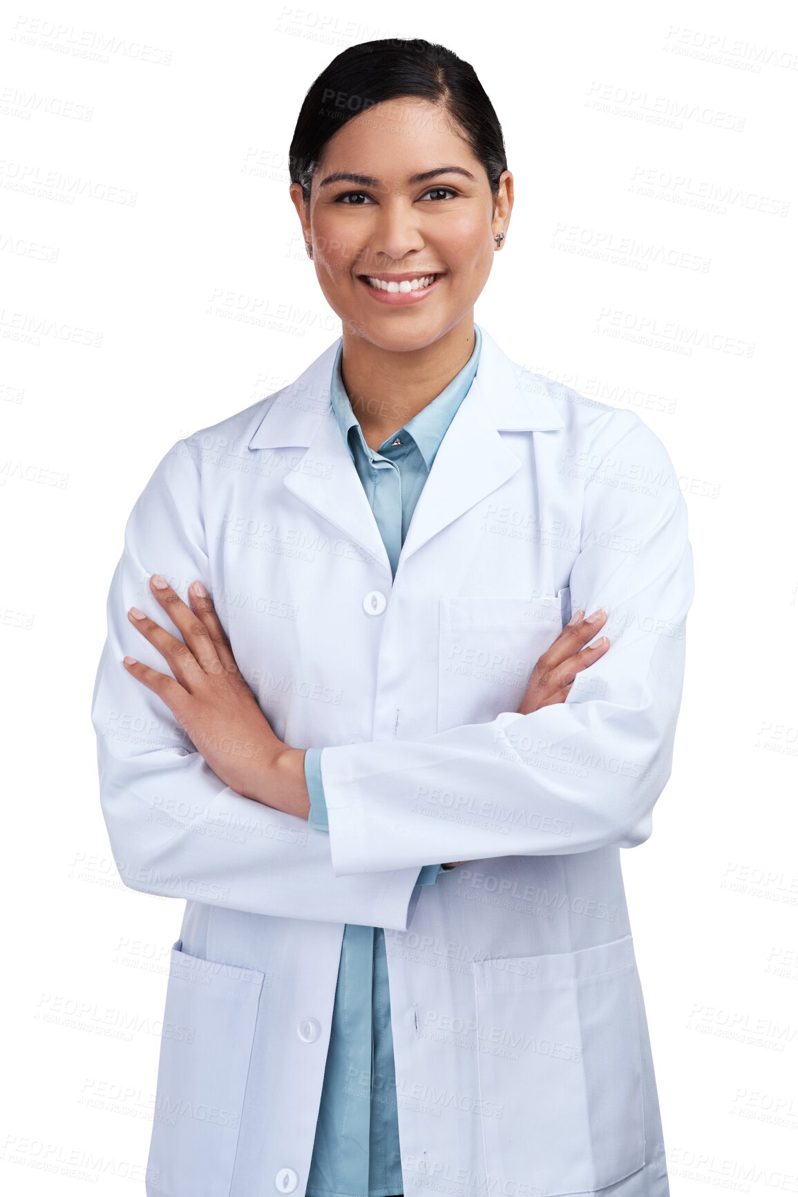 Buy stock photo Portrait, science and woman with her arms crossed, research and employee isolated on a transparent background. Female person, researcher or scientist with confidence, png and career with professional