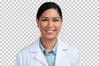 Buy stock photo Portrait, medical and woman with a smile, research and employee isolated against a transparent background. Face, female person or scientist with confidence, healthcare professional or career with png