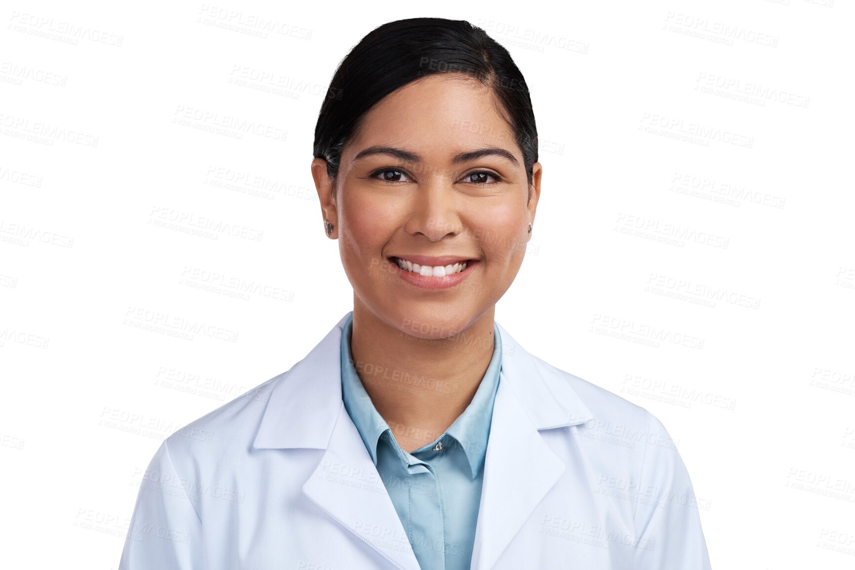 Buy stock photo Portrait, medical and woman with a smile, research and employee isolated against a transparent background. Face, female person or scientist with confidence, healthcare professional or career with png