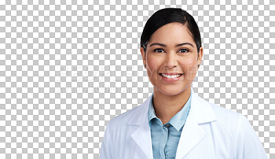 Buy stock photo Portrait, medical and woman with a smile, science and employee isolated on a transparent background. Face, female person or scientist with healthcare, career and professional with png and confidence