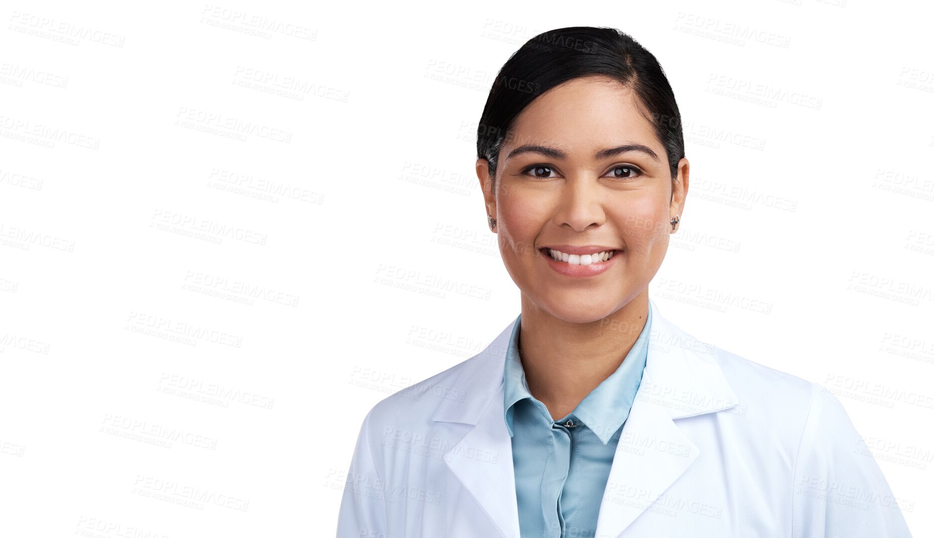 Buy stock photo Portrait, medical and woman with a smile, science and employee isolated on a transparent background. Face, female person or scientist with healthcare, career and professional with png and confidence