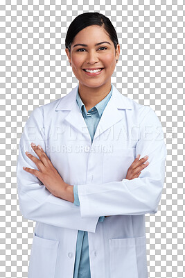 Buy stock photo Portrait, medical or woman with her arms crossed, research or consultant isolated on a transparent background. Female person, researcher or scientist with confidence, png or professional with a smile