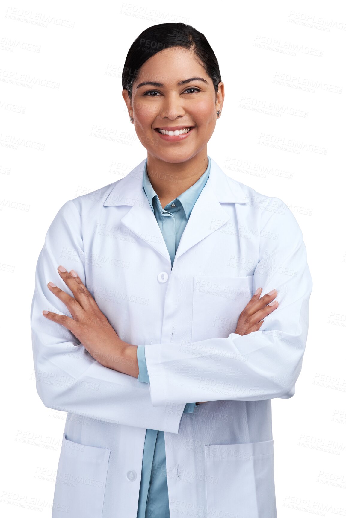 Buy stock photo Portrait, medical or woman with her arms crossed, research or consultant isolated on a transparent background. Female person, researcher or scientist with confidence, png or professional with a smile