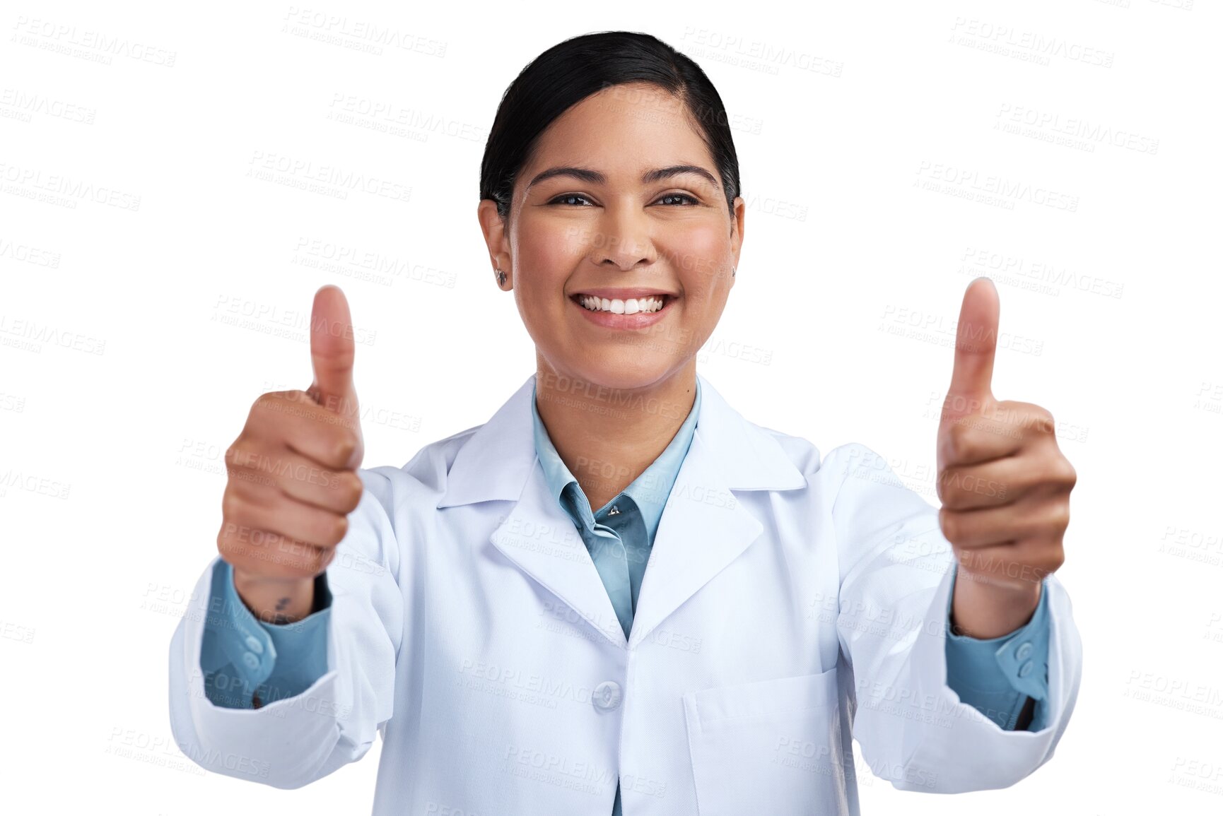 Buy stock photo Portrait, medical and woman with thumbs up, research and scientist isolated on a transparent background. Face, female person and researcher with hand gesture, science or support with agreement or png