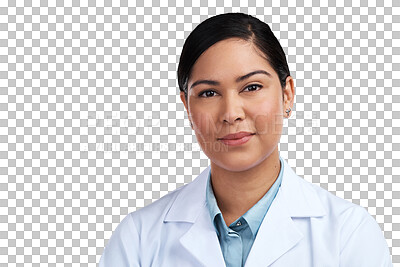 Buy stock photo Portrait, medical and woman with science, doctor and model isolated against a transparent background. Face, female person and healthcare professional with confidence, career and employee with png