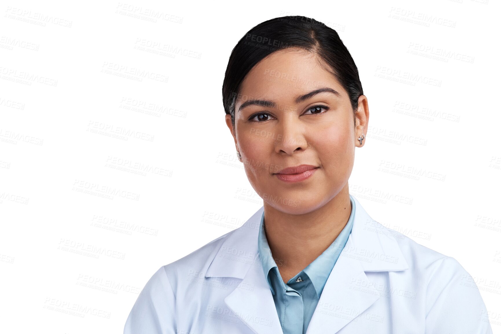 Buy stock photo Portrait, medical and woman with science, doctor and model isolated against a transparent background. Face, female person and healthcare professional with confidence, career and employee with png