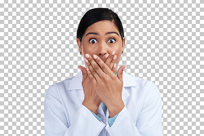 Buy stock photo Portrait, science or woman shocked, research or employee isolated on a transparent background. Face, female person or scientist with announcement, surprise or healthcare with png, secret or discovery