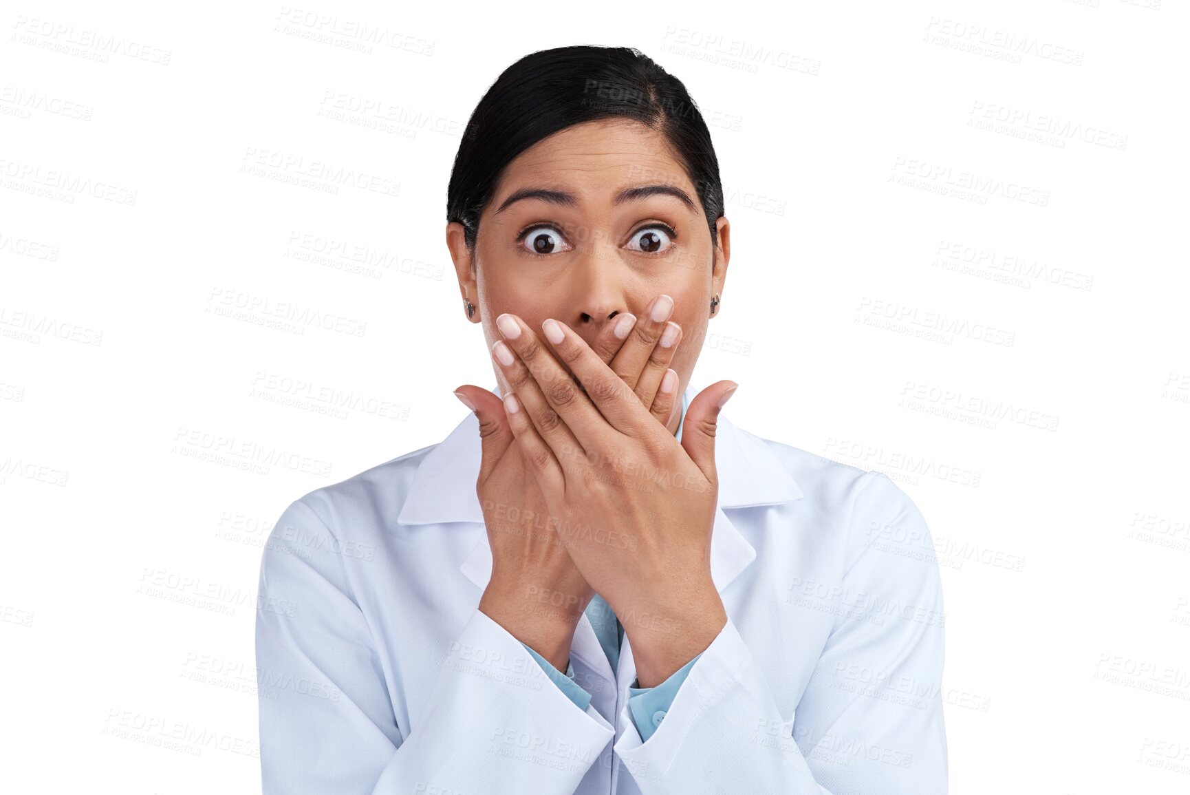 Buy stock photo Portrait, science or woman shocked, research or employee isolated on a transparent background. Face, female person or scientist with announcement, surprise or healthcare with png, secret or discovery