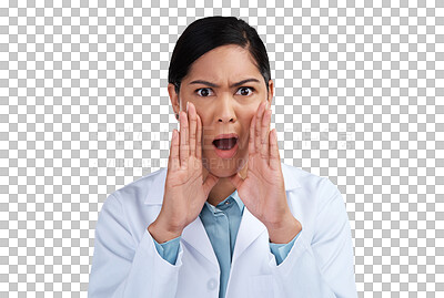 Buy stock photo Portrait, science and woman shocked, research and employee isolated against a transparent background. Face, female person and researcher with shock, gossip and news with png and medical professional