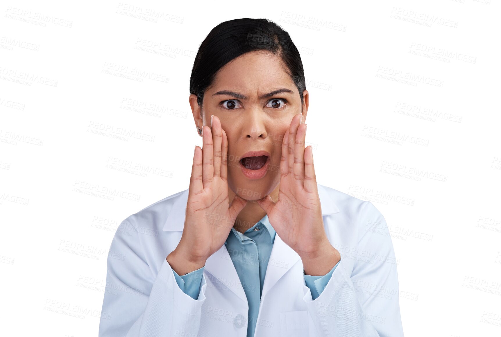 Buy stock photo Portrait, science and woman shocked, research and employee isolated against a transparent background. Face, female person and researcher with shock, gossip and news with png and medical professional