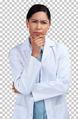 Buy stock photo Portrait, confused and woman with research, doubt and employee isolated on a transparent background. Female person, researcher and scientist with healthcare, problem solving and thinking with png