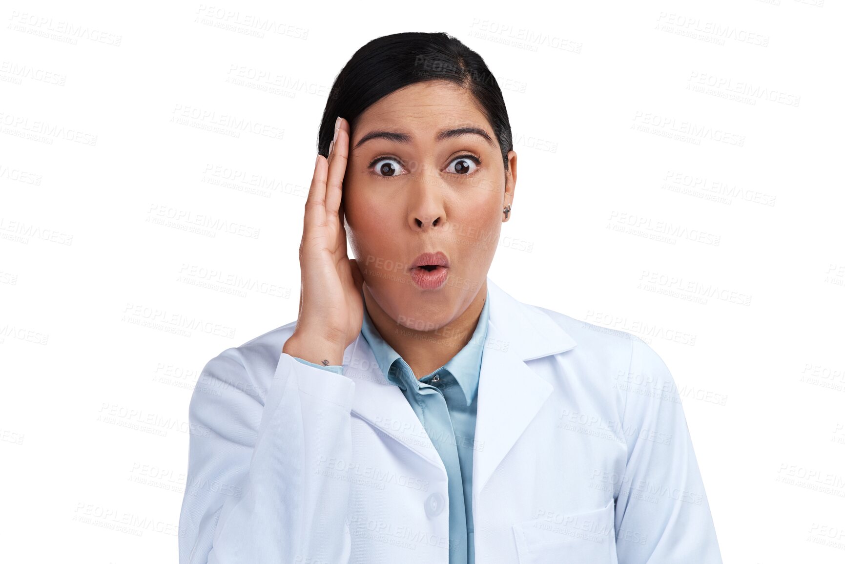 Buy stock photo Portrait, science and woman shocked, research and employee isolated against a transparent background. Face, female person and scientist with shock, gossip and announcement with png and researcher