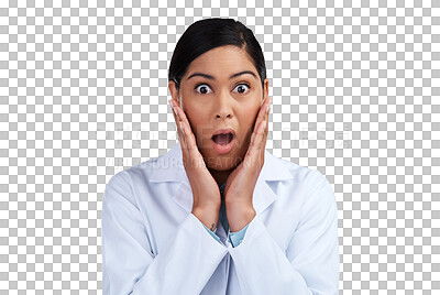 Buy stock photo Portrait, wow or woman scientist with shock or stress isolated on a transparent PNG background. Face of anxious, anxiety or shocked biologist surprised by science experiment failure, risk or mistake