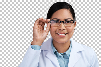 Buy stock photo Portrait, research and woman with glasses, science or employee isolated on a transparent background. Face, female person or scientist with eyewear, clear vision or professional with png, look and see