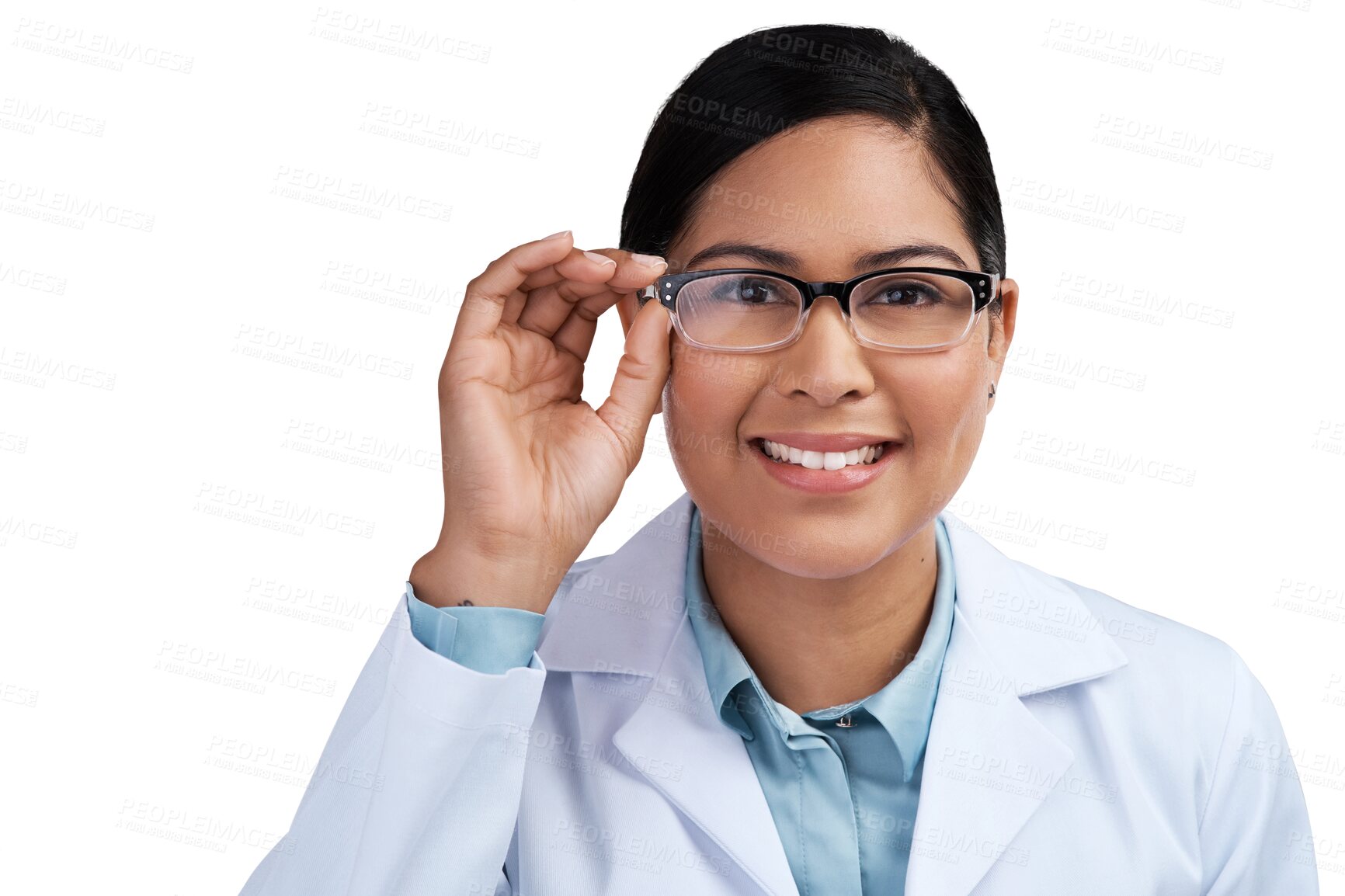 Buy stock photo Portrait, research and woman with glasses, science or employee isolated on a transparent background. Face, female person or scientist with eyewear, clear vision or professional with png, look and see