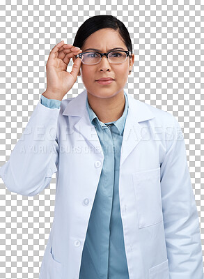 Buy stock photo Portrait, science and woman with glasses, focus and consultant isolated on a transparent background. Female person, employee or scientist with eyewear, clear vision and concentration with png or look