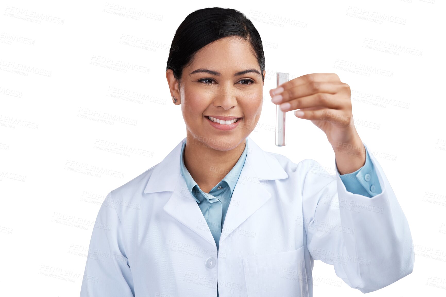 Buy stock photo Science, research and medical with woman and test tube on transparent background for medicine, pharmacy or future. Expert, chemical and healthcare with scientist isolated on png for vaccine sample