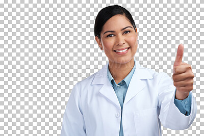 Buy stock photo Portrait, medical or woman with thumbs up, like or scientist isolated on a transparent background. Face, female person or employee with hand gesture, agreement or support with science, approve or png