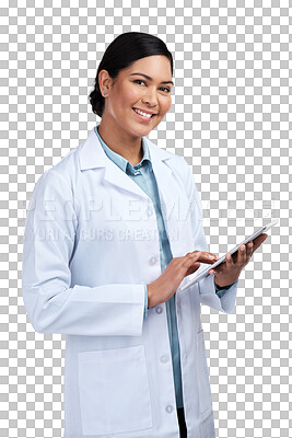 Buy stock photo Portrait, research and woman with a tablet, data analysis or scientist isolated on a transparent background. Female person, researcher or doctor with tech, connection or digital innovation with png