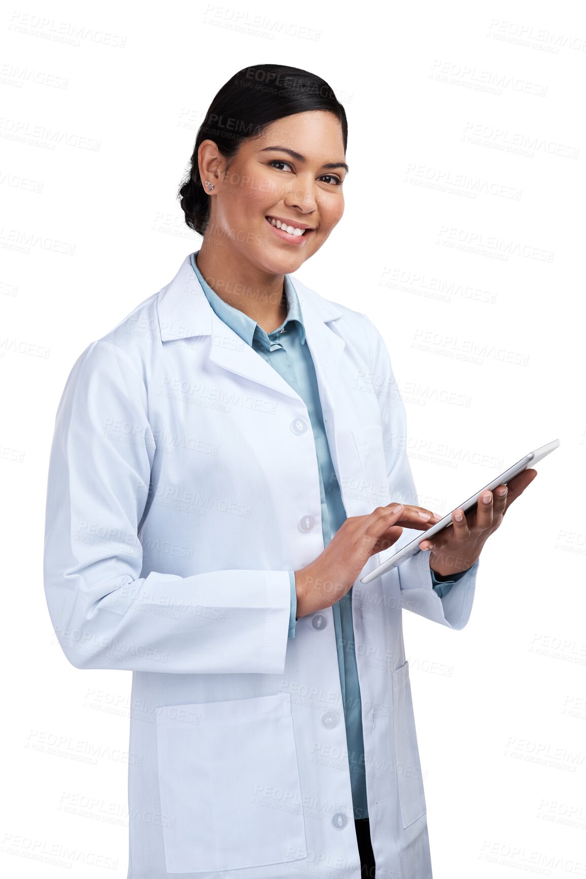 Buy stock photo Portrait, research and woman with a tablet, data analysis or scientist isolated on a transparent background. Female person, researcher or doctor with tech, connection or digital innovation with png