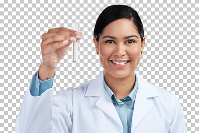 Buy stock photo Science, research and test tube with portrait of woman on transparent background for medicine, pharmacy or medical. Expert, chemical and healthcare with scientist isolated on png for vaccine sample