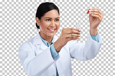 Buy stock photo Science, test tube or woman with research, sample or scientist isolated on a transparent background. Female person, healthcare container or lab equipment with chemical experiment, breakthrough or png