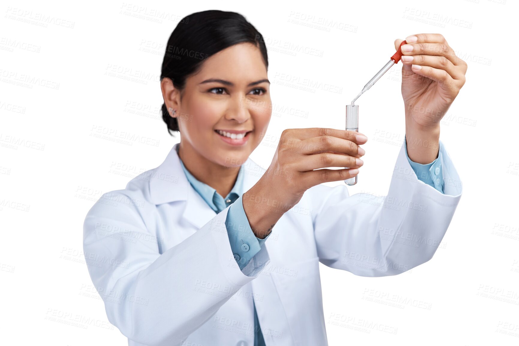 Buy stock photo Science, test tube or woman with research, sample or scientist isolated on a transparent background. Female person, healthcare container or lab equipment with chemical experiment, breakthrough or png