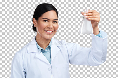 Buy stock photo Science, research and portrait with woman and beaker on transparent background for medicine, pharmacy or medical. Expert, chemical and healthcare with scientist isolated on png for vaccine and sample