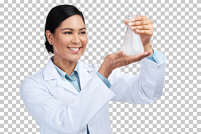 Buy stock photo Science, chemical and medical with woman and beaker on transparent background for medicine, pharmacy or future. Expert, research and healthcare with scientist isolated on png for vaccine and sample