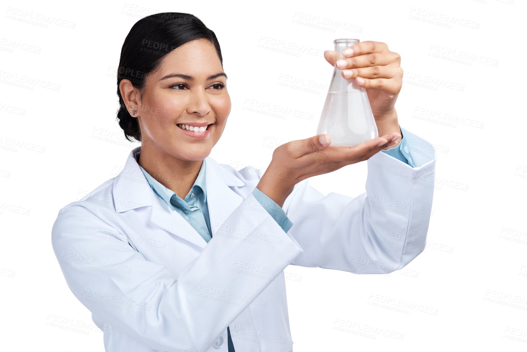 Buy stock photo Science, chemical and medical with woman and beaker on transparent background for medicine, pharmacy or future. Expert, research and healthcare with scientist isolated on png for vaccine and sample