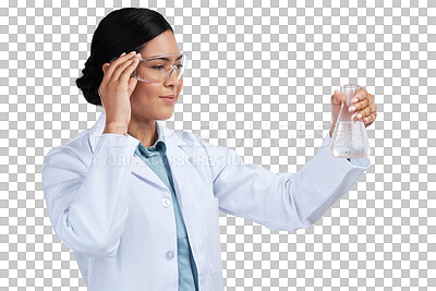 Buy stock photo Science, research and thinking with woman and beaker on transparent background for medicine, pharmacy or medical. Expert, chemical and healthcare with scientist isolated on png for vaccine and sample