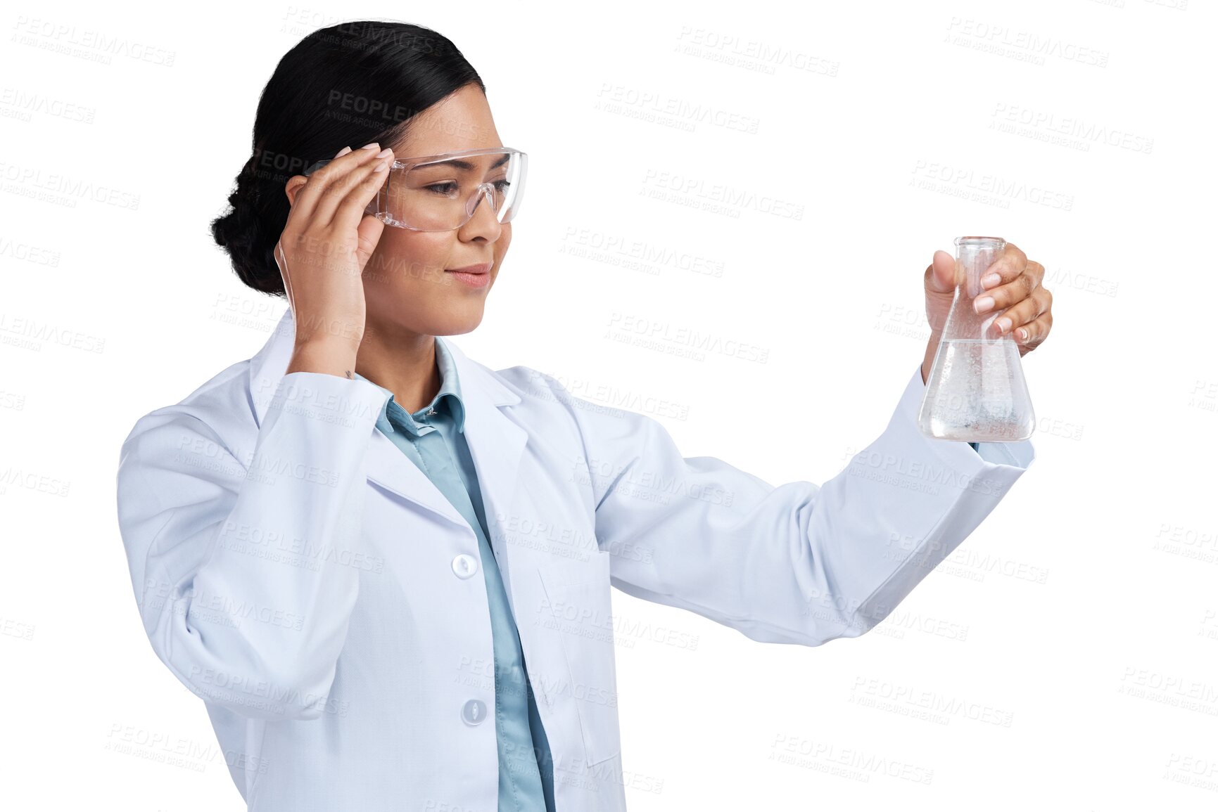 Buy stock photo Science, research and thinking with woman and beaker on transparent background for medicine, pharmacy or medical. Expert, chemical and healthcare with scientist isolated on png for vaccine and sample