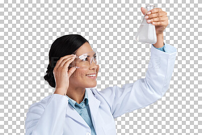 Buy stock photo Science, research and chemical with woman and beaker on transparent background for medicine, pharmacy or future. Expert, medical and healthcare with scientist isolated on png for vaccine and sample