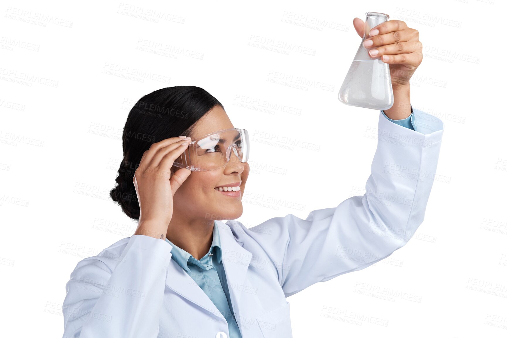 Buy stock photo Science, research and chemical with woman and beaker on transparent background for medicine, pharmacy or future. Expert, medical and healthcare with scientist isolated on png for vaccine and sample