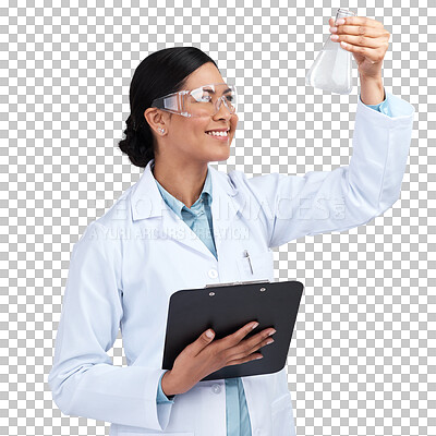 Buy stock photo Woman with clipboard, chemical in beaker and scientist with science experiment isolated on transparent png background. Analysis of liquid solution, medical research and female doctor with checklist