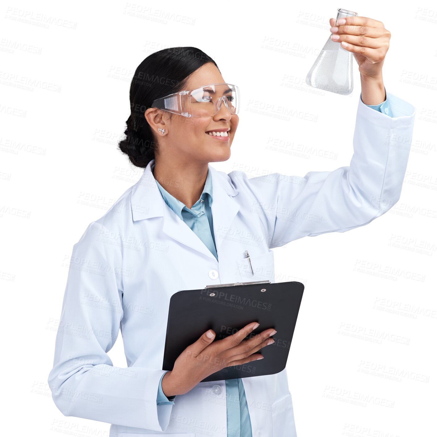 Buy stock photo Woman with clipboard, chemical in beaker and scientist with science experiment isolated on transparent png background. Analysis of liquid solution, medical research and female doctor with checklist