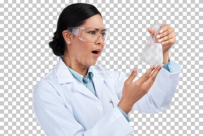 Buy stock photo Scientist, surprise and beaker, woman and chemistry, science experiment and breakthrough in research. Chemical, wow and female doctor with scientific discovery isolated on transparent png background