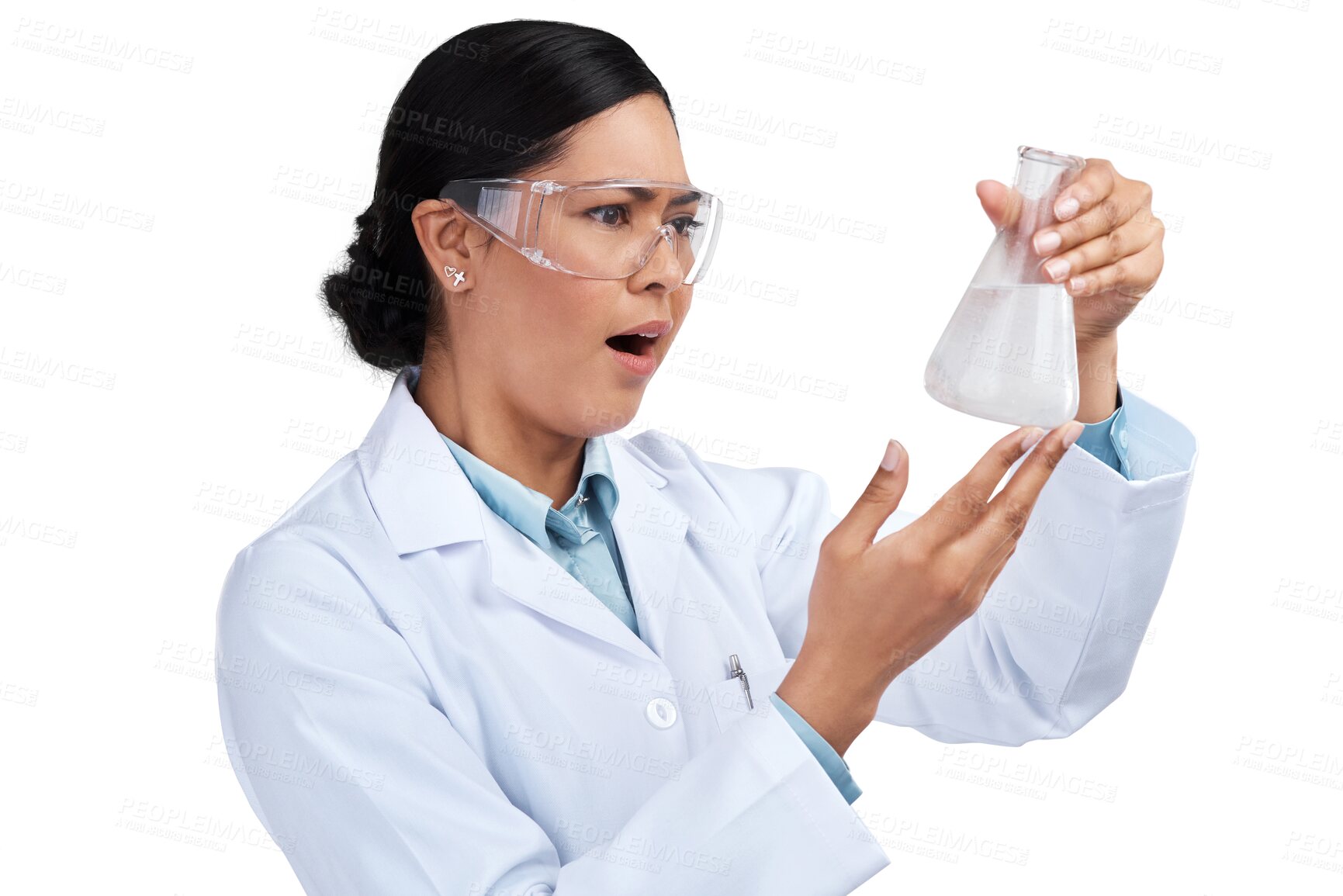 Buy stock photo Scientist, surprise and beaker, woman and chemistry, science experiment and breakthrough in research. Chemical, wow and female doctor with scientific discovery isolated on transparent png background