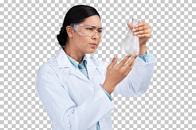 Buy stock photo Science, research and thinking with woman and chemical on transparent background for medicine, pharmacy or medical. Expert, beaker and healthcare with scientist isolated on png for vaccine and sample