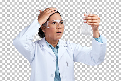 Buy stock photo Scientist, mistake or woman with beaker for chemistry or science experiment failure or research. Problem, anxiety or shocked biologist stressed by chemical risk isolated on transparent png background