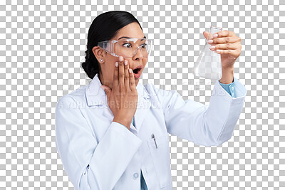 Buy stock photo Scientist, shock and wow with woman and beaker, science experiment breakthrough isolated on transparent png background. Chemical solution, medical research and female doctor with surprise discovery