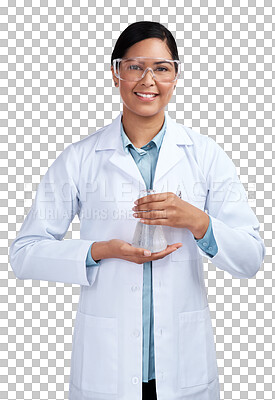 Buy stock photo Science, chemical and portrait with woman and beaker on transparent background for medicine, pharmacy or medical. Expert, research and healthcare with scientist isolated on png for vaccine and sample